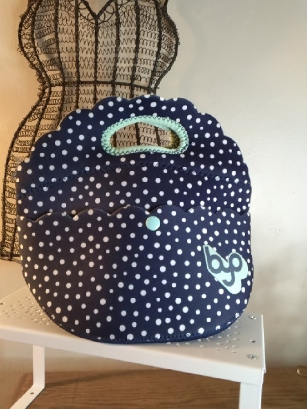 Polka Dot Navy Neoprene Lunch Tote with Mint Trim